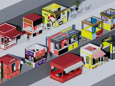 Colorful Street Kiosks With Diverse Designs And Pedestrian Activity 3d model