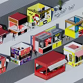 Colorful Street Kiosks With Diverse Designs And Pedestrian Activity