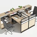 Modern Double Workstation Office Desk With Partition Ergonomic Chairs And Potted Plants