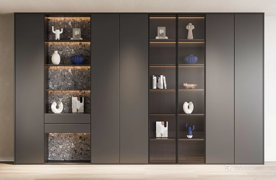 Modern Dark Bookcase With Built-in Lighting And Decorative Items On Shelves 3d model 
