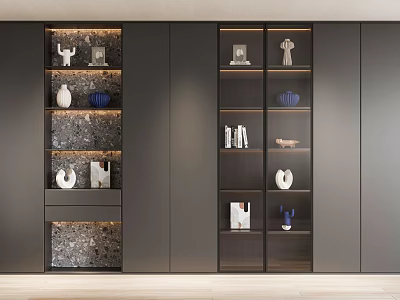Modern Dark Bookcase With Built-in Lighting And Decorative Items On Shelves 3d model
