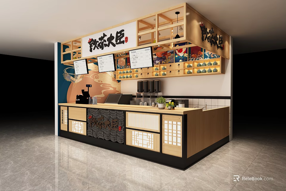 Japanese Style Functional Wooden Desk Featuring Shelves Storage And Menu Display For Restaurant 3d model 