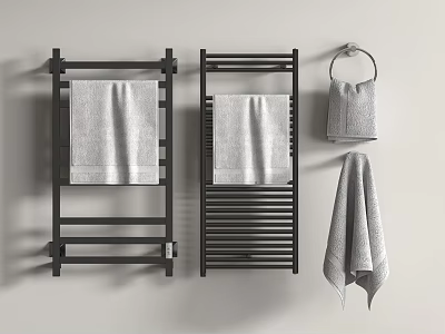 Modern Bathroom Setup With Light Gray Towels And Black Racks 3d model