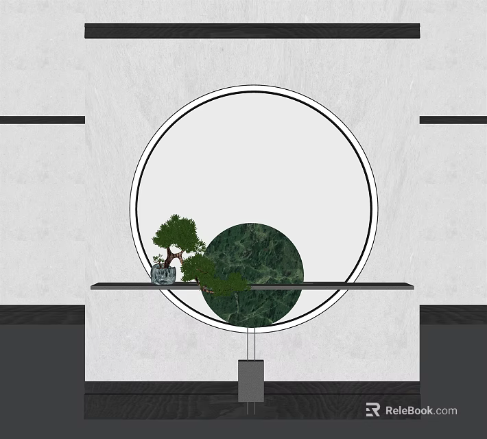 Modern Console Table with Circular Design and Green Plants on White Wall 3d model