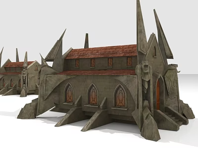 Gothic Style Stone Building With Pointed Spires Red Roof And Arched Windows 3d model