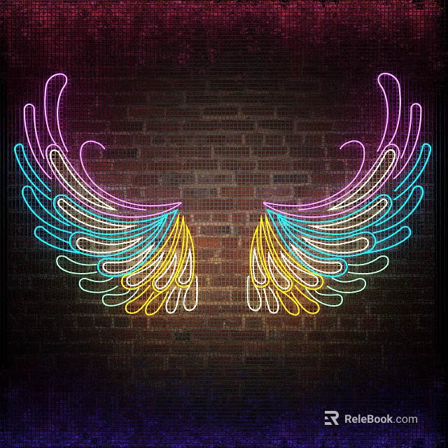 Colorful Neon Wings Artwork Display On Dark Brick Wall Background 3d model 