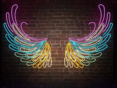Colorful Neon Wings Artwork Display On Dark Brick Wall Background 3d model