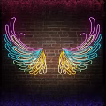 Colorful Neon Wings Artwork Display On Dark Brick Wall Background 3d model