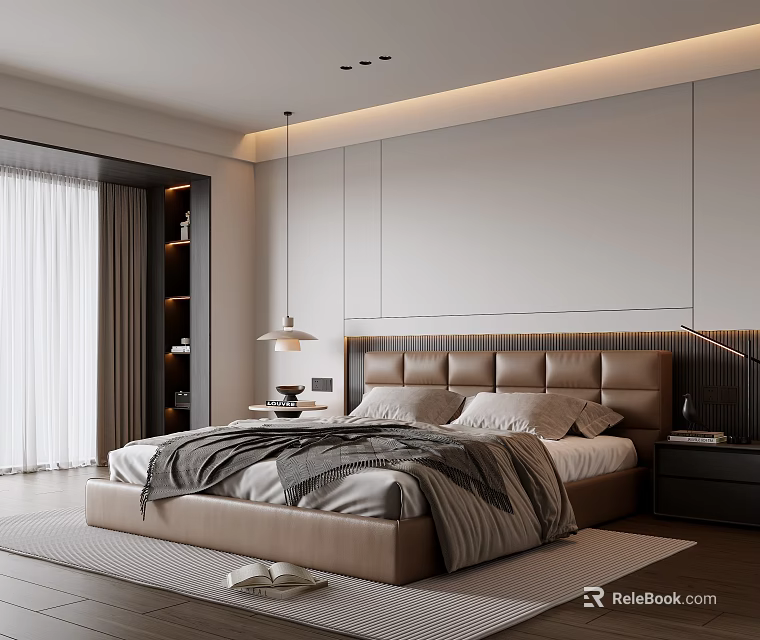 Modern Minimalist Bedroom Interior Design With Beige Leather Bed And Recessed Lighting Strips 3d model 
