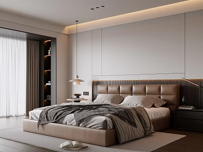 Modern Minimalist Bedroom Interior Design With Beige Leather Bed And Recessed Lighting Strips 3d model