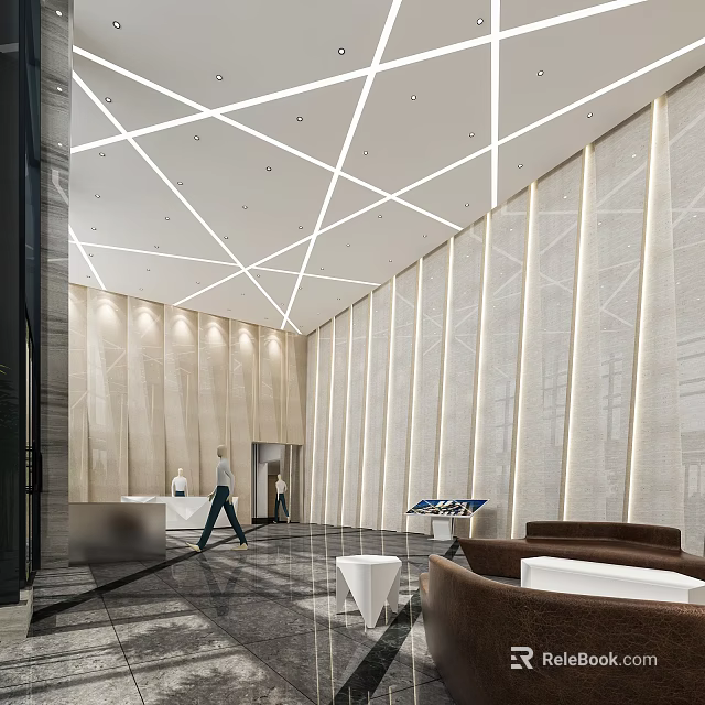 Modern Service Hall Interior With Geometric Lighting And Reception Area 3d model