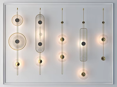 Modern Wall Lamps With Geometric Shapes And Golden Metal Frames Lit On White Wall 3d model