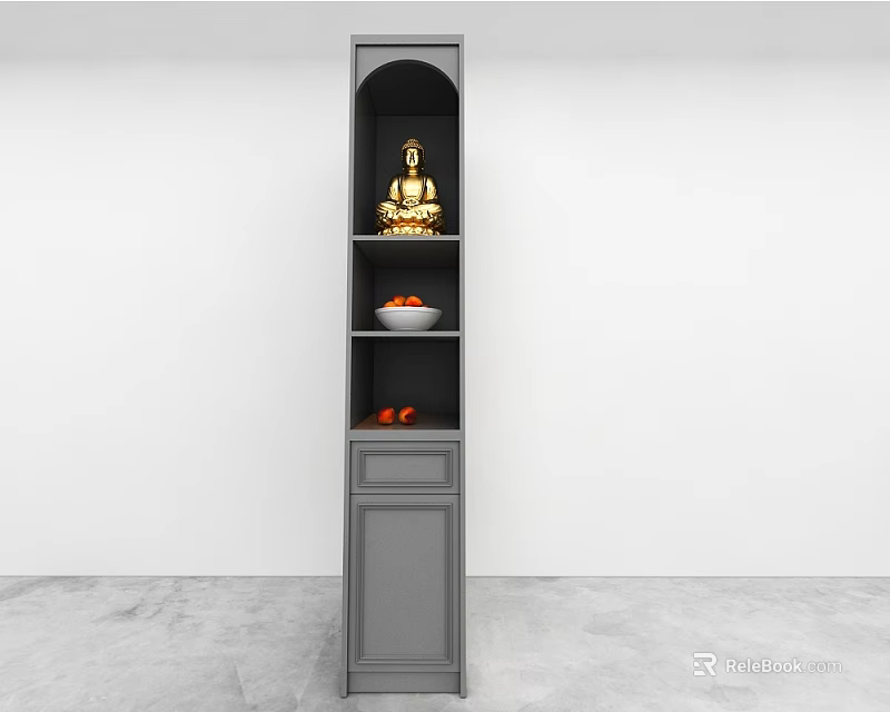 Modern Gray Buddhist Shrine Cabinet with Buddha Statue and Fruit Bowls on Shelves 3d model 
