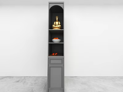 Modern Gray Buddhist Shrine Cabinet with Buddha Statue and Fruit Bowls on Shelves 3d model