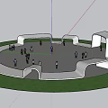 Park Landscape With Circular Square White Curved Structures Green Grass And People Walking