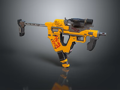 Yellow Tactical Firearm with Black Scope and Red Graffiti Patterns Decorative Design Features 3d model