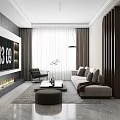 Modern Living and Dining Area Interior With Sofa Dining Table And Large Window Curtains 3d model