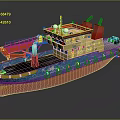 Colorful Tugboat With Yellow Upper Deck Red Crane Blue Hull And Black Lifebuoys