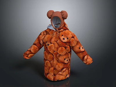 Brown Hooded Coat With Teddy Bear Patterns And Bear Ear Design 3d model