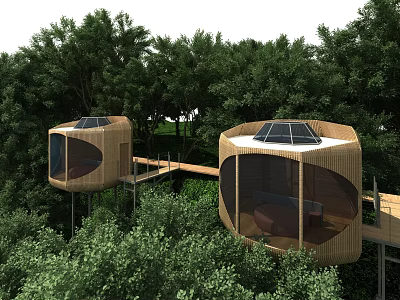 Circular Treehouses in Lush Forest with Solar Panels and Connecting Walkway 3d model