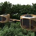 Circular Treehouses in Lush Forest with Solar Panels and Connecting Walkway