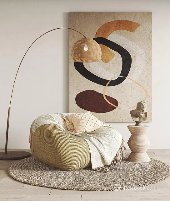 Cozy Bean Bag Chair with Knitted Design Pillow Blanket Floor Lamp and Abstract Painting 3d model 