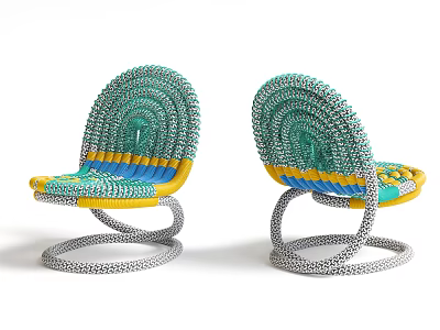 Woven Modern Single Chair With Spiral Base And Green Yellow Blue Tones 3d model