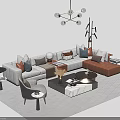 Modern Gray Brown L Shaped Sofa With Plush Pillows And Marble Top Coffee Table Set 3d model