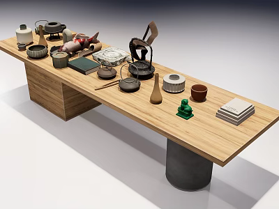 Wooden Coffee Table With Concrete Legs Adorned With Teacups Books And Decorative Ornaments 3d model