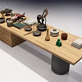 Wooden Coffee Table With Concrete Legs Adorned With Teacups Books And Decorative Ornaments