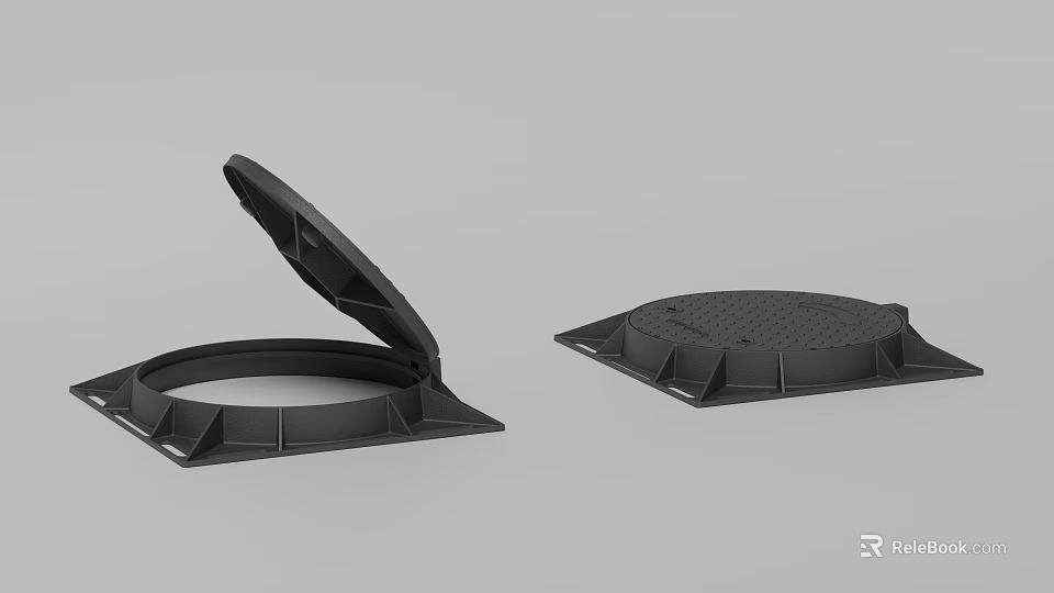 Black Manhole Covers Open And Closed Design With Square Base And Solid Structure 3d model 