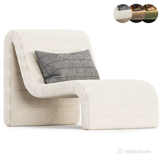 Ivory White Plush Fabric Lounge Chair with Modern Curved Shape and Gray Vertical Striped Cushion 3d model 