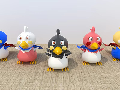 Colorful Plush Bird Dolls With Blue White Black Red Yellow Designs And Cute Expressions 3d model