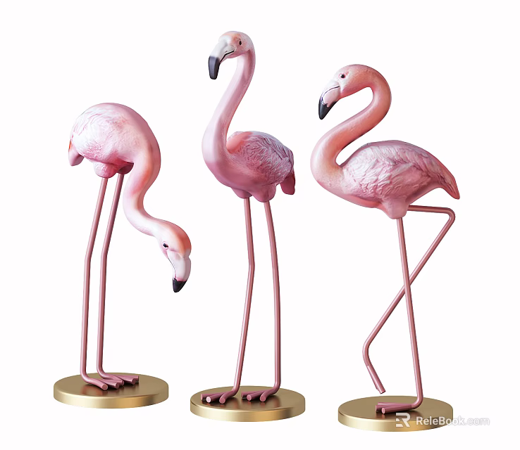 Three Pink Flamingo Decorative Ornament Set with Different Poses and Gold Bases 3d model 