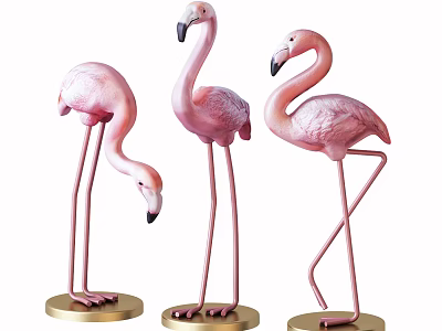 Three Pink Flamingo Decorative Ornament Set with Different Poses and Gold Bases 3d model