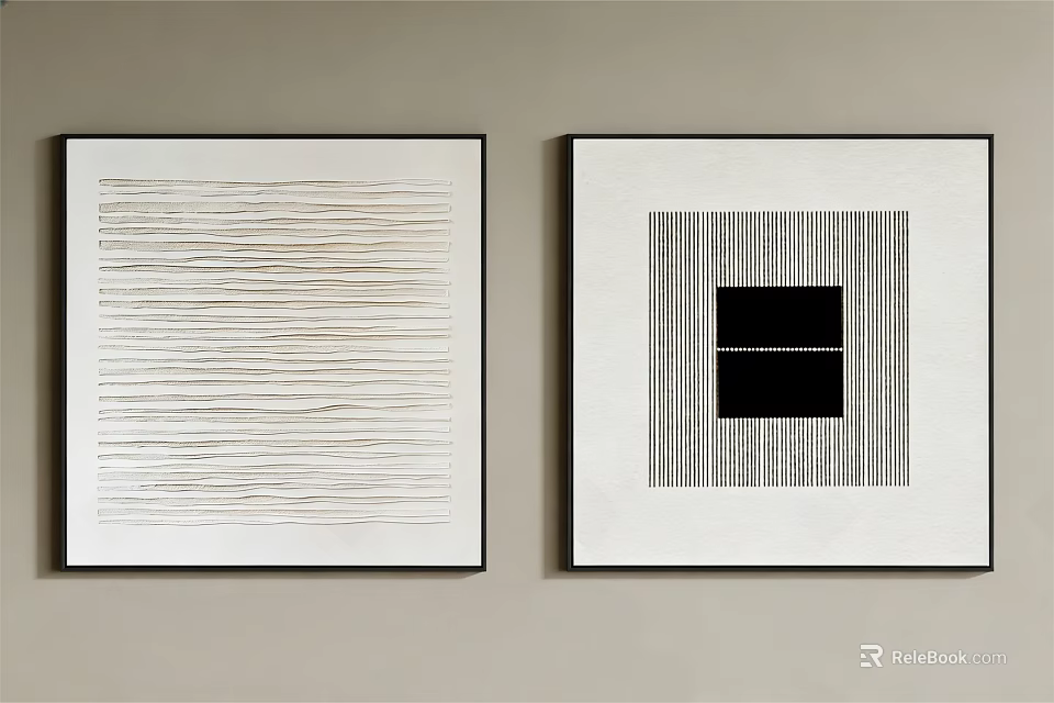Black And White Abstract Paintings With Horizontal Lines And Square Striped Pattern Hanging On Wall 3d model 