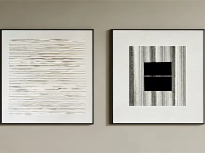 Black And White Abstract Paintings With Horizontal Lines And Square Striped Pattern Hanging On Wall 3d model