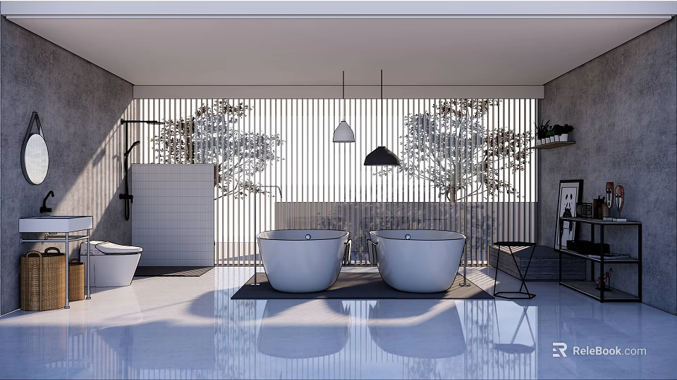 Hotel Bathroom Interior With Two White Bathtubs Shower Area Plants Sleek Floor And Hanging Lights 3d model 