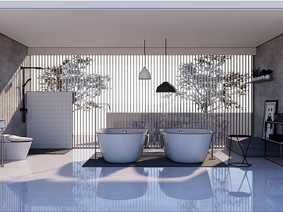 Hotel Bathroom Interior With Two White Bathtubs Shower Area Plants Sleek Floor And Hanging Lights 3d model