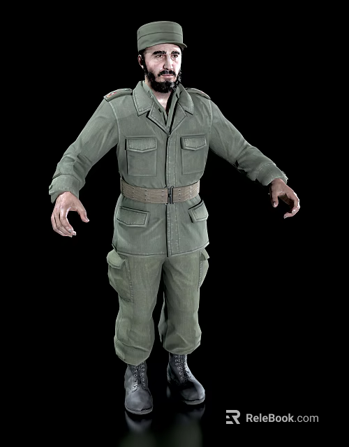 Man in green military uniform with long sleeves multiple pockets and belt on black background 3d model 