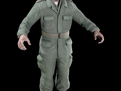 Man in green military uniform with long sleeves multiple pockets and belt on black background 3d model