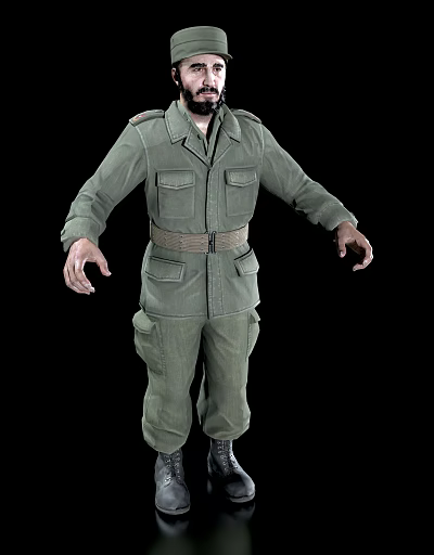 Man in green military uniform with long sleeves multiple pockets and belt on black background 3d model