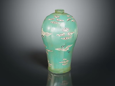 Green Plant in Turquoise Vase Adorned with Cloud and Crane Patterns 3d model