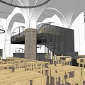 Spacious Restaurant Interior Featuring Wooden Tables Chairs Mezzanine Black Railings And Arched Ceilings