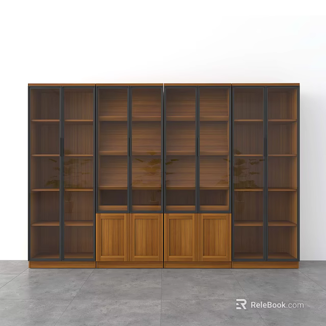 Modern Wooden Bookcase With Glass Doors Multiple Shelves And Lower Cabinets 3d model 