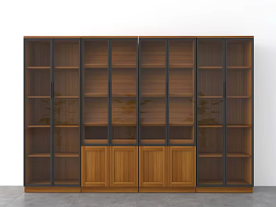 Modern Wooden Bookcase With Glass Doors Multiple Shelves And Lower Cabinets 3d model