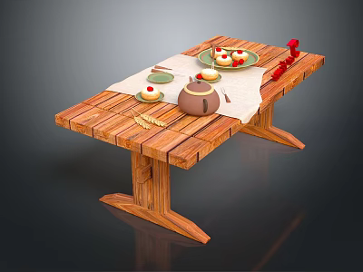 Natural Wooden Dining Table Setting With Fresh Fruit Plate Teapot Cup Napkin And Utensils 3d model