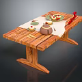 Natural Wooden Dining Table Setting With Fresh Fruit Plate Teapot Cup Napkin And Utensils