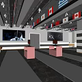 Modern Lounge Area With International Flags Red Sofas Pink Tables And White Blinds