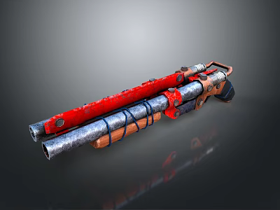 Double Barrel Weapon With Red And Silver Metal Body And Decorative Wrapping Design 3d model